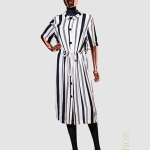 Primark White and Black Stripped Shirt Dress With Buttons and Drawstring Waist